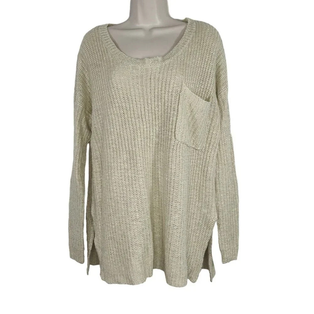 Mittoshop Ivory Knit Tunic Sweater Women Size M Scoop Neck Long Sleeve Pocket